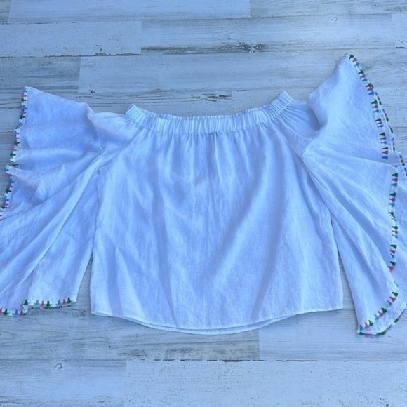 Zara Linen‎ Top Size Medium Womens Off Shoulder Blouse Bohemian Fringe Hem - Picture 11 of 11